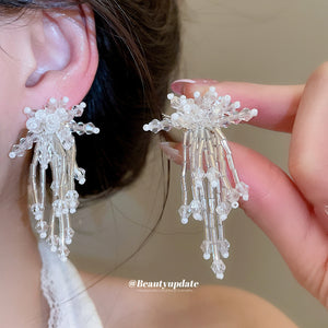 Clear Crystal Bead Flower Tassel Clip-On Earrings, Electroplated