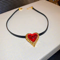 Red Heart Stud Earrings And Cord Pendant Necklace With Polished Metal Tone Details view 6