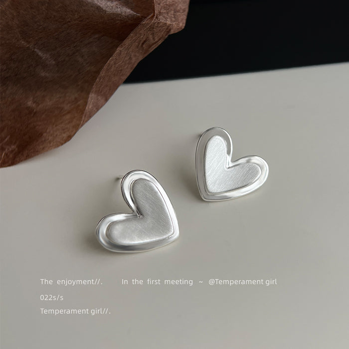 Silver Brushed Heart Stud Earrings With Raised Outline Edge