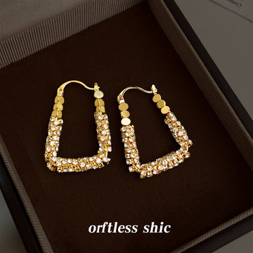 Gold U Shape Pave Crystal Geometric Hoop Earrings Pair