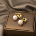 Gold Double Arc Pearl Look Convertible Stud Earrings view 2