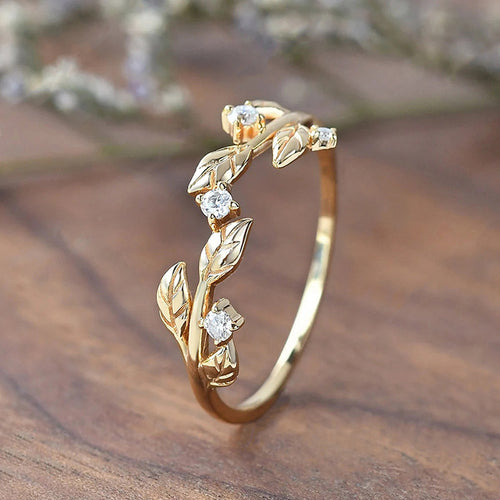 Gold leaf vine open ring upright side view showing open gap ends