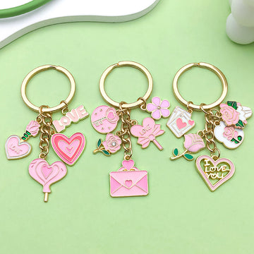 Pink and Red Valentine Heart Rose Metal Charm Keychains, 7 Styles