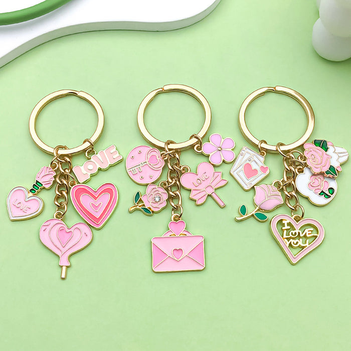 Pink and Red Valentine Heart Rose Metal Charm Keychains, 7 Styles