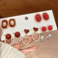 Gold Enamel Heart Oval Pearl Stud Drop Earring Five Pair Set view 3
