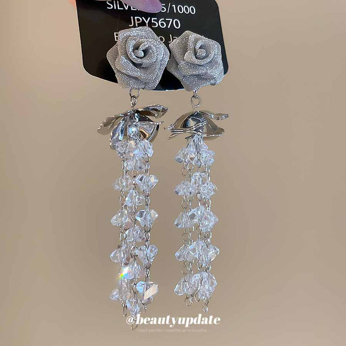Silver Gray Rose and Blue Crystal Dangle Stud Earrings