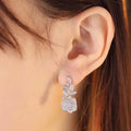 White Gold Pavé Rose Flower Leaf Drop Earrings Clear Stones view 3