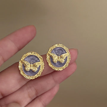 Purple Butterfly Medallion Stud Earrings With Gold Trim