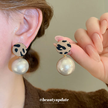Leopard Print Disc and Champagne Pearl Drop Stud Earrings