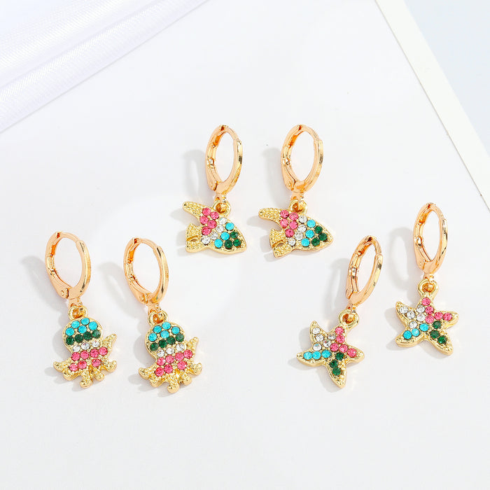Gold Tone Multicolor Crystal Sea Animal Huggie Drop Earrings