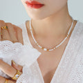 White Glass Bead Freshwater Pearl Center Necklace Gold view 4