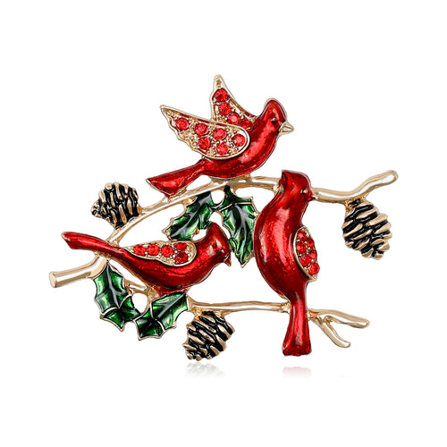 Three Red Birds On Branch brooch shown from the front