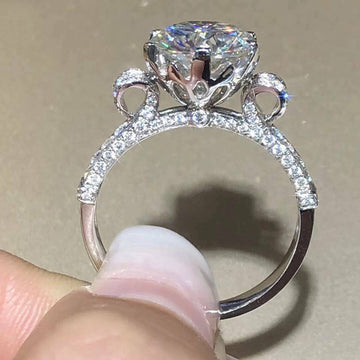 Silver Tone Round Solitaire Halo Ring With Pavé Split Band