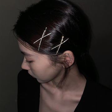 Silver Tone Crystal Cross Hairpin With Two Slender Bars