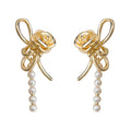 Gold Rose Bow Pearl Cascade Drop Stud Earrings Pair view 5