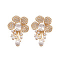 Gold Tone Crystal Flower Pearl Tassel Stud Earrings view 5
