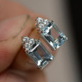 Aqua Rectangular Stone Triangle-Cluster Stud Earrings In Silver Tone view 1