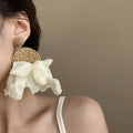 Raffia and Fabric Flower Statement Earrings in Two Colors view 4