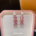 Pink Crystal Bear Pearl Stud Earrings Fashion Jewelry Accessory view 1