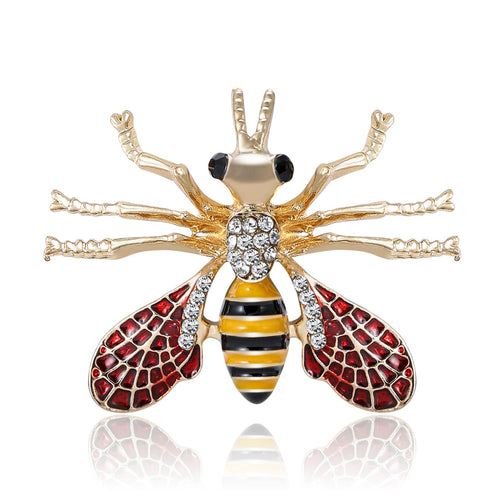 Yellow stripe bee brooch with red crystal wings on white