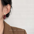 Wine Red Glossy Enamel Drop Earrings Gold Tone Textured Posts view 4
