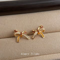 Gold Bow Stud Earrings Wine Enamel Clear and Amber CZ view 4