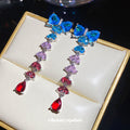 Blue Pink and Red Crystal Bow Long Drop Earrings Fashion Jewelry view 3