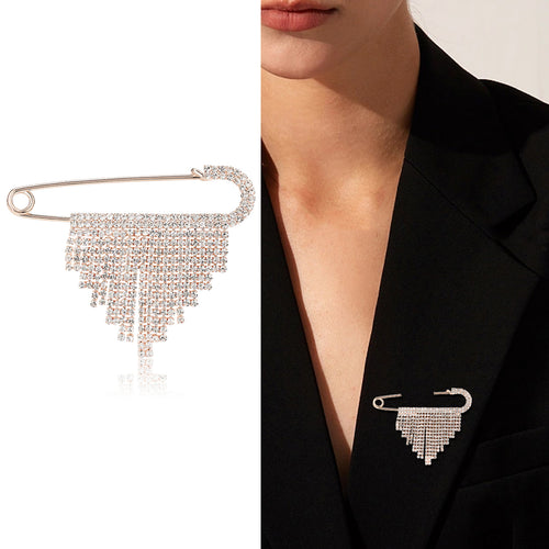 Rose gold crystal tassel safety pin brooch product and worn on black