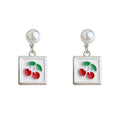 Silver Pearl Cherry Square Enamel Drop Earrings Pair view 5