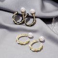 Gold Tone Pearl Stud Chain Hoop Earrings Leather Wrap view 2