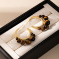 Tiger Eye Look Bead Gold Tone Open C Hoop Earrings view 3