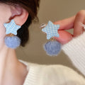 Pink Gingham Star Fluffy Pom Pom Stud Earrings Statement Pair view 3
