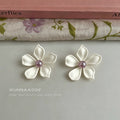 White Five Petal Flower Purple Pearl Like Center Stud Earrings view 3
