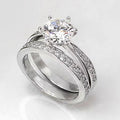 Round Solitaire Split-Curve Two-Ring Set In Polished Silver Tone view 2