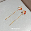 Red Flower Chain Threader Earrings With Polished Metal Tone Details view 4