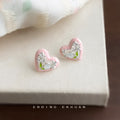Heart Enamel Tulip Clear CZ Stud Earrings White Pink view 1