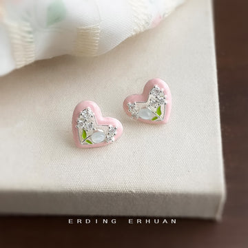 Heart Enamel Tulip Clear CZ Stud Earrings White Pink