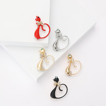 Metal Long Tail Cat Brooch with Rhinestone Bow Five Colors