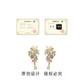 Gold Tone Purple Flower Green Leaf Clear Teardrop Stud Earrings view 3