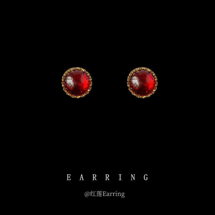 Gold Wine Red Round Cabochon Stud Earrings Bezel Pair
