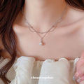 Silver Double Layer Wave Chain Pearl Drop Necklace view 1