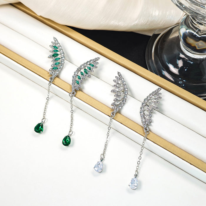 Silver Wing Drop Earrings Green Clear Teardrop Chain Styles