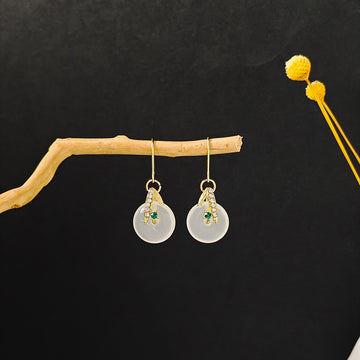 White Disc Green Bamboo Gold Tone Delicate Hook Earrings