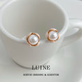 Pearl Bud Stud Earrings Cream Enamel Petals Gold Rim view 3