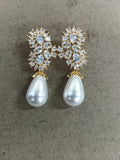 Crystal Cluster Pearl Drop Earrings With Polished Metal Details view 2