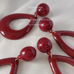 Wine Red Resin Ball Stud Earrings Open Teardrop Drop