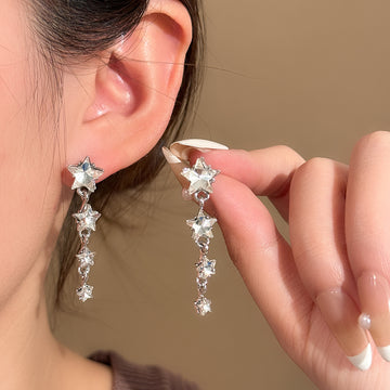 Silver Tone Clear Star Cascade Long Dangle Stud Earrings