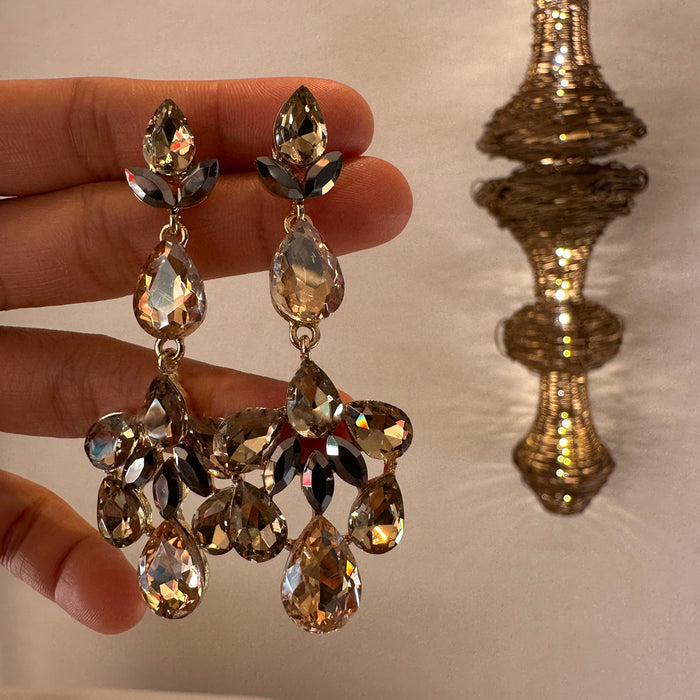 Smoky Champagne Crystal Cluster Earrings with Reflective Details