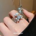 Pearl Bear Crystal Open Adjustable Ring Silver Gold Tones view 3