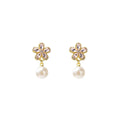 Pink Crystal Flower Pearl Drop Stud Earrings Gold Tone Settings view 5